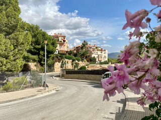 View of a housing development and a winding road in Peguera on the island of Mallorca in Spain