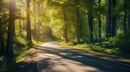 Fototapeta premium a road in the middle of a forest with trees on both sides of the road and the sun shining through the trees on the other side of the road,.