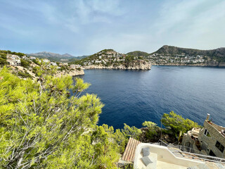View of the town of Port d'Andratx and more precisely of Urbanización Las Brisas on the Spanish holiday island of Mallorca, you can see the many houses directly on the bay with the sea