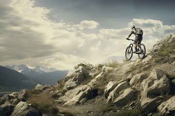Mountain biker tackles a challenging rocky trail, with the majestic beauty of alpine mountains stretching into the horizon under a cloudy sky.
