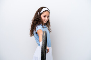 Little girl isolated on white background playing tennis