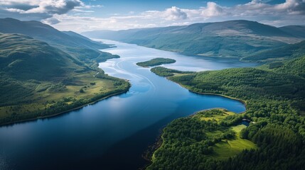  an aerial view of a body of water surrounded by lush green hills and a blue sky with puffy white clouds in the middle of the middle of the picture. - obrazy, fototapety, plakaty