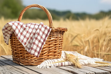 Picnic basket on wooden table over wheat field blurred background.