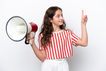 Little girl isolated on white background holding a megaphone and intending to realizes the solution