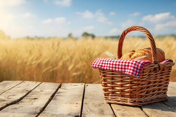 Fototapeta na wymiar Picnic basket on wooden table over wheat field blurred background.