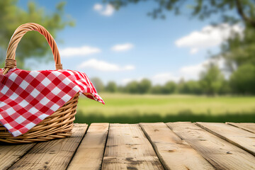 Picnic basket on wooden table over wheat field blurred background.
