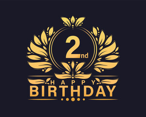 2nd Birthday shiny golden design. Luxurious greeting birthday celebration graphic.