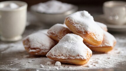 Fototapeta na wymiar Capture the irresistible charm of a beignet with a generous dusting of powdered sugar, emphasizing the sweet and airy qualities of this delightful treat. - Generative AI