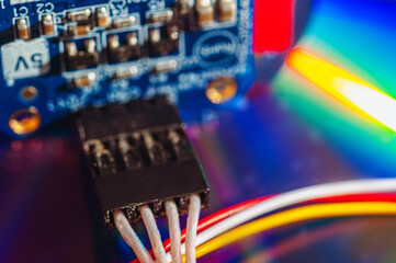 Blurred background of electronic circuit board technology. Electronic plate. Circuit board,...