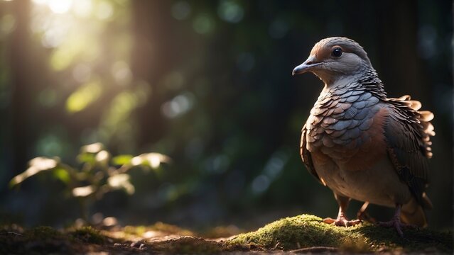 Pigeon standing on the moss in the forest with sunlight.