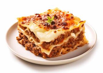 Slice of fresh tasty lasagna with beef and cheese on plate.Macro.AI Generative.