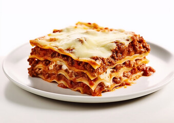 Slice of fresh tasty lasagna with beef and cheese on plate.Macro.AI Generative.
