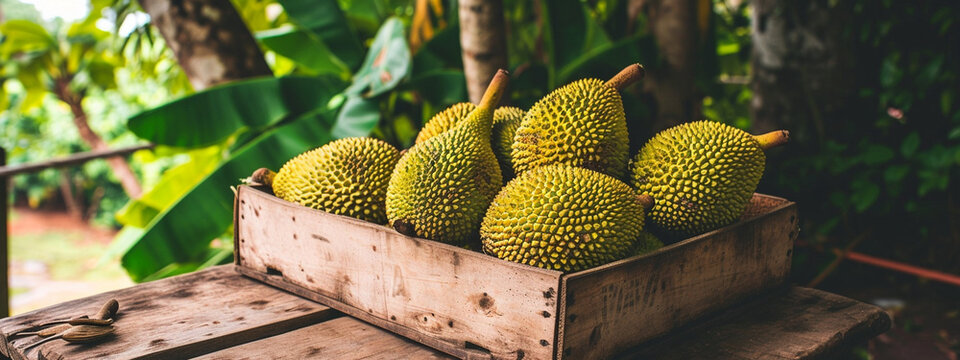 Fresh tropical jackfruit in a box on a wooden table