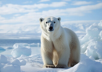 Large white polar bear walking through arctic cold background.Macro.AI Generative.