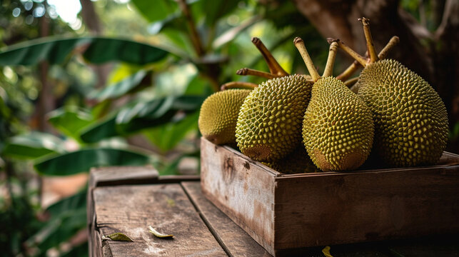 Fresh tropical jackfruit in a box on a wooden table