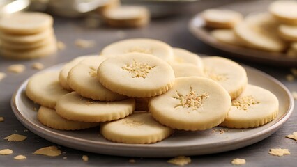 Highlight the simplicity and elegance of buttery shortbread cookies, showcasing their golden-brown color and delicate crumbly texture. - Generative AI