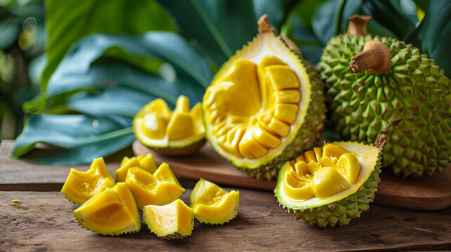 Fresh tropical jackfruit in a box on a wooden table