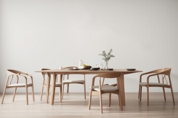 Interior home design of modern dining room with wooden table and chairs with empty wall copy space