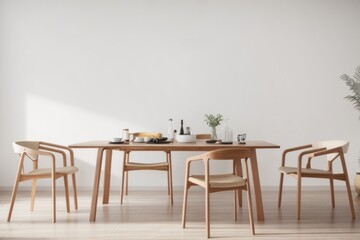 Interior home design of modern dining room with wooden table and chairs with empty wall copy space