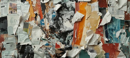 Collage of torn newspaper and magazine scraps on a canvas with abstract paint splashes, creating a textured and colorful narrative of modern life. - obrazy, fototapety, plakaty