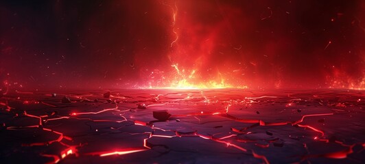 Dramatic scene with cracked ground and a fiery red glow, suggesting intense volcanic activity or a catastrophic natural event in a powerful and perilous landscape.