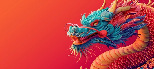 Vivid Chinese New Year dragon with a colorful scales pattern, set against a red backdrop with traditional motifs, embodying the spirit of festive celebration and cultural symbolism. - obrazy, fototapety, plakaty