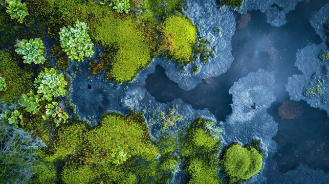  an aerial view of a group of trees in the middle of a body of water with blue water and green trees on both sides of the trees in the middle of the water.