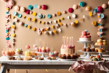 Sweets on white table and happy birthday paper garlands on dark beige wall