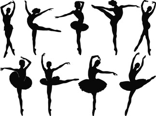 nine ballet dancer silhouettes on white