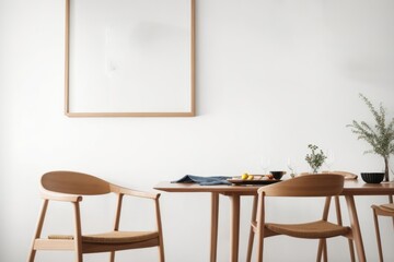 Interior home design of modern dining room with wooden table and chairs with blank poster mockup on white wall