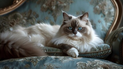 cat in a basket, magnificent Ragdoll cat lounging gracefully on a plush cushion, showcasing its relaxed and docile nature