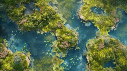 Fototapeta na wymiar an aerial view of a body of water surrounded by lush green trees and a blue body of water in the middle of the picture is an aerial view of a body of water.