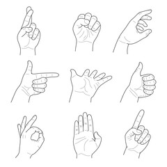 Fototapeta premium Collection of male hand gestures set on white background. Sketches vector illustration.