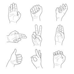 Fototapeta premium Collection of male hand gestures on white background. Sketches vector.