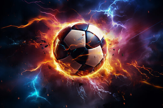 soccer ball with flames and lightning flying on night sky, dark blue background © zgurski1980