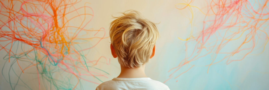 A boy standing with his back to us against a background with multi-colored lines, the concept of adhd and neurodiversity, banner