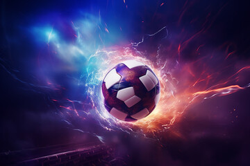 Fototapeta premium soccer ball with flames and lightning flying on night sky, dark blue background