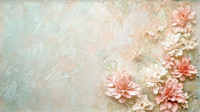  a painting of pink flowers on a pastel green and pink textured background with a place for a text or a name on the bottom corner of the image.
