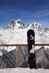 Snowboards in outdoor cafe at ski resort - 714643474