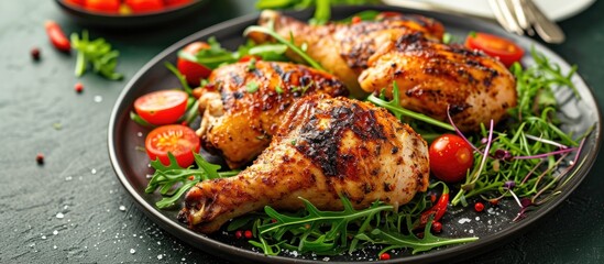 Grilled chicken leg quarters served with mixed salad and tomatoes.