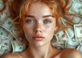 Portrait of young beautiful woman dreaming to be rich and laying on money notes background.Macro.AI Generative.