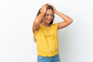 Little caucasian girl isolated on white background laughing