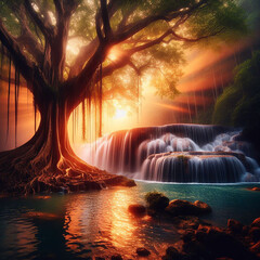 A big tree beside it waterfall in a crystal clear pool Ai generated art