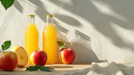  a couple of bottles of juice sitting on top of a table next to an apple and another apple next to a half of an orange and half of an apple.