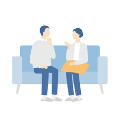 ソファで話し合うシニア夫婦