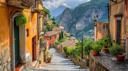  a narrow cobblestone street in a small village with a mountain in the backgrouf of the picture and a green door on the right side of the street. - obrazy, fototapety, plakaty