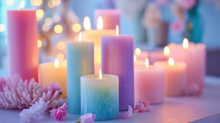 Obraz na płótnie Canvas a group of lit candles sitting on top of a table next to pink flowers and a vase with a pink carnation in the middle of the candle is surrounded by pink carnations.