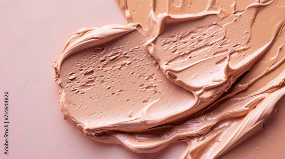 Poster a close up shot of a liquid foundation on a pink background with drops of water on the top of the fo
