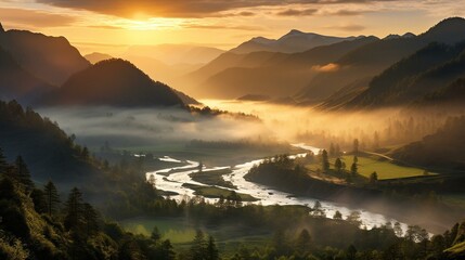 Breathtaking Sunrise Over a Misty Mountain Valley