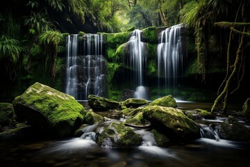 Moss-Covered Rocks and Cascading Waterfall in a Lush Forest